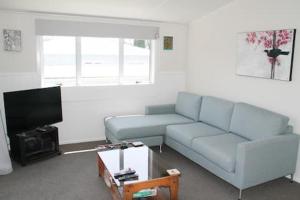 a living room with a blue couch and a tv at Quiet, Private and Central in Tairua