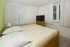 a bedroom with two beds and a tv and windows at F-1059 Landhaus am Rebstock FeWo Anker in Lancken-Granitz