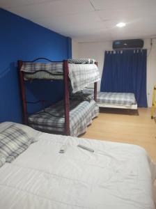 Habitación con 2 literas y pared azul en Departamentos Lio, en Termas de Río Hondo