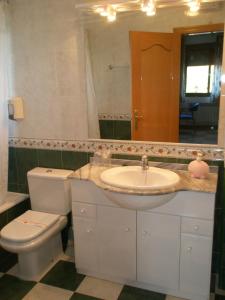 Hostal Los Rosales في ألكاراز: حمام مع حوض ومرحاض ومرآة