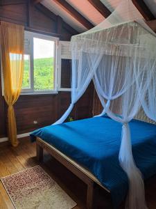 a bedroom with a bed with a canopy and a window at Villa Tourmaline in Le Lorrain