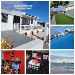 a collage of photos with a house and a pool at Black and white vacation home in Ceiba