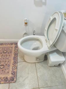 a white toilet with the seat up in a bathroom at Muna’s Place in Newark