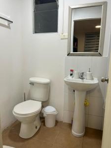 La salle de bains blanche est pourvue de toilettes et d'un lavabo. dans l'établissement DEPARTAMENTO DICHATO, à Tomé