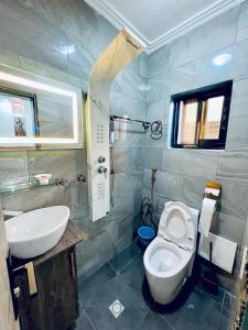 a bathroom with a white toilet and a sink at The Jumeirah Guest Home in Yaoundé