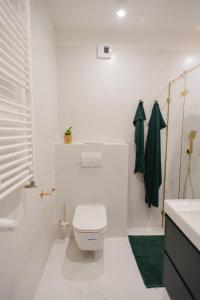 a white bathroom with a toilet and a sink at Gliwice Dickensa 36A Condo in Gliwice +19 photos
