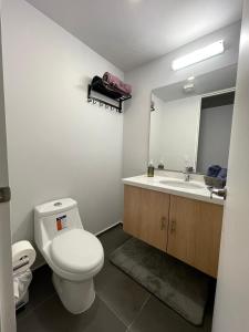 uma casa de banho com um WC, um lavatório e um espelho. em Cozy condo lake view 15th floor em León