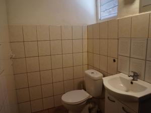 a bathroom with a toilet and a sink at House with a view of the lake, for 6 people in Łazy