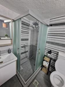 斯特魯米察的住宿－The Uptown，带淋浴、卫生间和盥洗盆的浴室