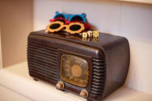 una radio antigua con gafas de sol encima en The Cottage on Heiner Hill en Cassopolis