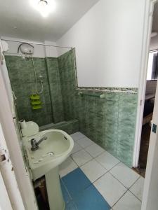 La salle de bains est pourvue d'un lavabo et d'une douche. dans l'établissement Dpto. 1er piso 4 hab.Piscina Terraza, à Punta Hermosa