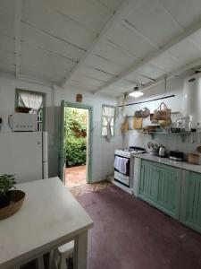 查斯科穆斯的住宿－CasaLins，厨房配有绿色橱柜和炉灶。 顶部烤箱