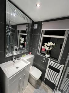 a bathroom with a sink and a toilet and a mirror at HELIN’s Cottage in Whitby +58 photos