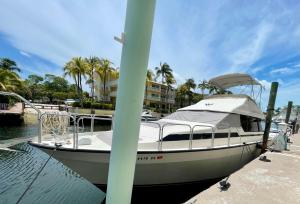 基拉戈的住宿－Nice Boat in Key Largo，船停靠在水面上的码头