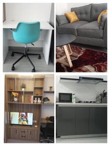 a collage of pictures of a living room with a couch and a desk at Lovella Suites Gold Park in Nairobi