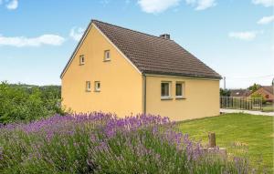 een geel huis op een heuvel met paarse bloemen bij Pet Friendly Home In Vresse-sur-semois With House A Panoramic View in Vresse-sur-Semois