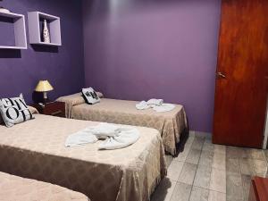 two beds in a room with purple walls at Duplex Centrico in Termas de Río Hondo