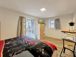 um quarto com uma cama, uma secretária e uma cozinha em Studio 505 - Sion Old City - Swiss Alps em Sião