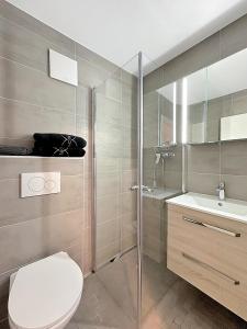 y baño con aseo, lavabo y ducha. en Studio 505 - Sion Old City - Swiss Alps, en Sion