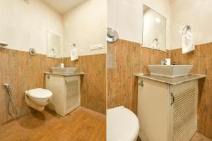 Duas fotografias de uma casa de banho com WC e lavatório. em FabHotel La Volga em Morjim