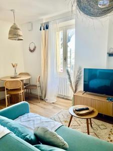 ein Wohnzimmer mit einem blauen Sofa und einem TV in der Unterkunft Cocon de mimi in Aix-les-Bains