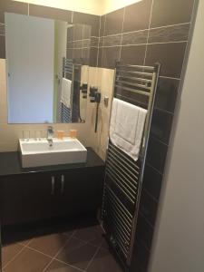 ein Bad mit einem Waschbecken und einem Spiegel in der Unterkunft Casino & Hotel Admiral Strážný in Strážný
