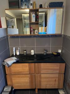 a bathroom with a sink and a mirror at chambre violette coté aéroport calme charmante in Pusignan