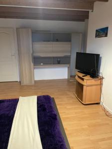 uma sala de estar com uma televisão de ecrã plano numa caixa em chambre violette coté aéroport calme charmante em Pusignan