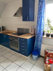 a kitchen with blue cabinets and a stove and a window at Gasthaus Wendischbrome in Nettgau