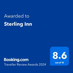 Un certificat, premiu, logo sau alt document afișat la Sterling Inn