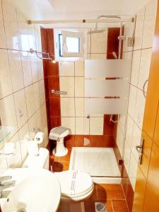 a small bathroom with a toilet and a sink at Nikos Apartments in Ormos Panagias