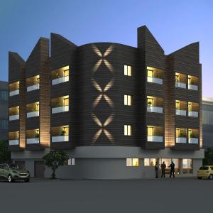 a rendering of a building with people standing outside at HOTEL THE SENTOSA in Rajkot