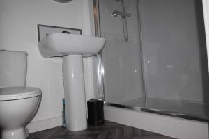 a bathroom with a sink and a shower and a toilet at 9 Plants Yard in Worksop
