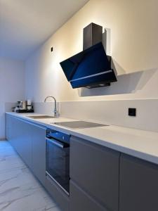 uma cozinha com um lavatório e uma bancada azul em Stilvolle Oase: Ruhiges Cityhaus em Heilbronn