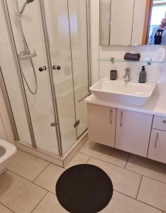 a bathroom with a shower and a sink and a toilet at Hotel Neue Krone in Markt Erlbach