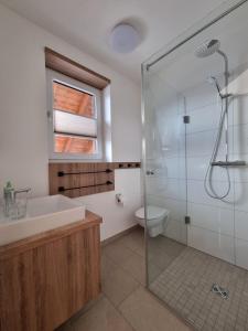 bagno con doccia, lavandino e servizi igienici di Gästehaus und Weingut Erich Hirth a Obersulm