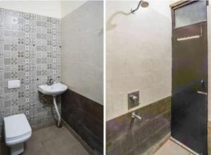 two pictures of a bathroom with a toilet and a sink at Heaven Stay in Greater Noida