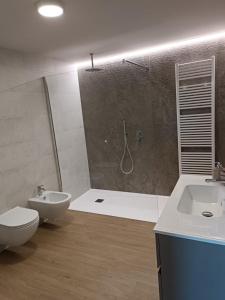 een badkamer met een douche, een toilet en een wastafel bij Studio Zu - Lakeside Apartment in Riva di Solto