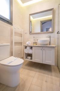 bagno con servizi igienici, lavandino e specchio di AMYGDALIES STONE APARTMENTS a Mirina