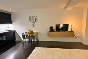 a living room with a table and a tv on a wall at Isaak Apartment Stadtperle in Waldshut-Tiengen