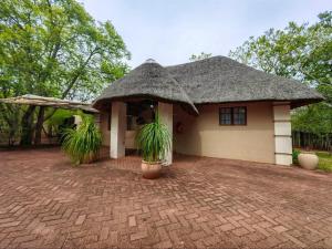 a small house with a thatched roof and two plants at La Campagna Olive Estate in Modimolle