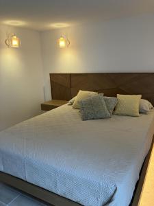 1 dormitorio con 1 cama grande y 2 almohadas en villa vue mer cinq chambres Les terrasses des Collines en Le Cannet