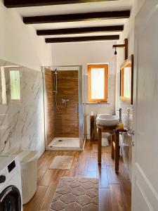 y baño con ducha y lavamanos. en Cabana Bogdi en Borşa