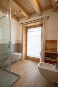 La salle de bains est pourvue d'une douche en verre et de toilettes. dans l'établissement Begale - Rifugio Urbano, à Rotzo