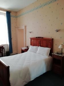 a bedroom with a large white bed and a window at Hôtel du Berry in Aigurande
