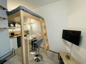 a loft bed with a desk and a tv in a room at Le Bilongue in Rodez