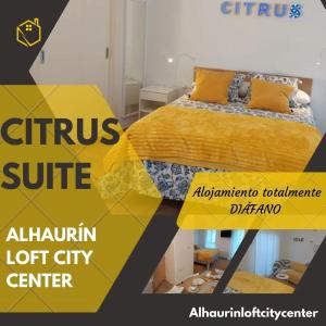 una camera da letto con un letto e un piumone giallo di Citrus Suite by Alhaurín Loft City Center ad Alhaurín de la Torre