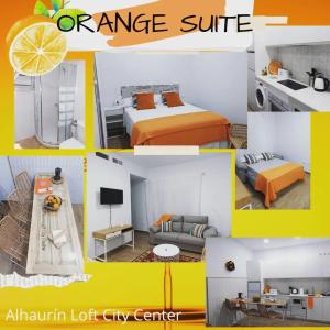 a collage of different pictures of a orange suite at Orange Suite by Alhaurín Loft City Center in Alhaurín de la Torre