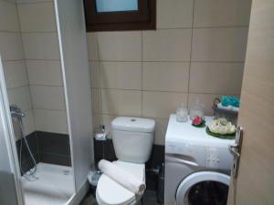a bathroom with a toilet and a washing machine at Aktaion Apartments in Samothraki