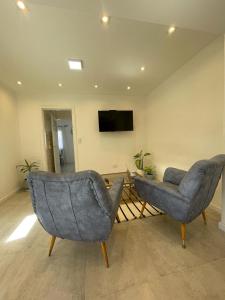 two chairs and a television in a living room at Patagonia House - Peña in Puerto Madryn